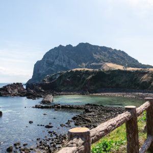 A scenic view of the Sunrise Peak (Seongsan Ilchulbong) volcano in Seogwipo, South Korea